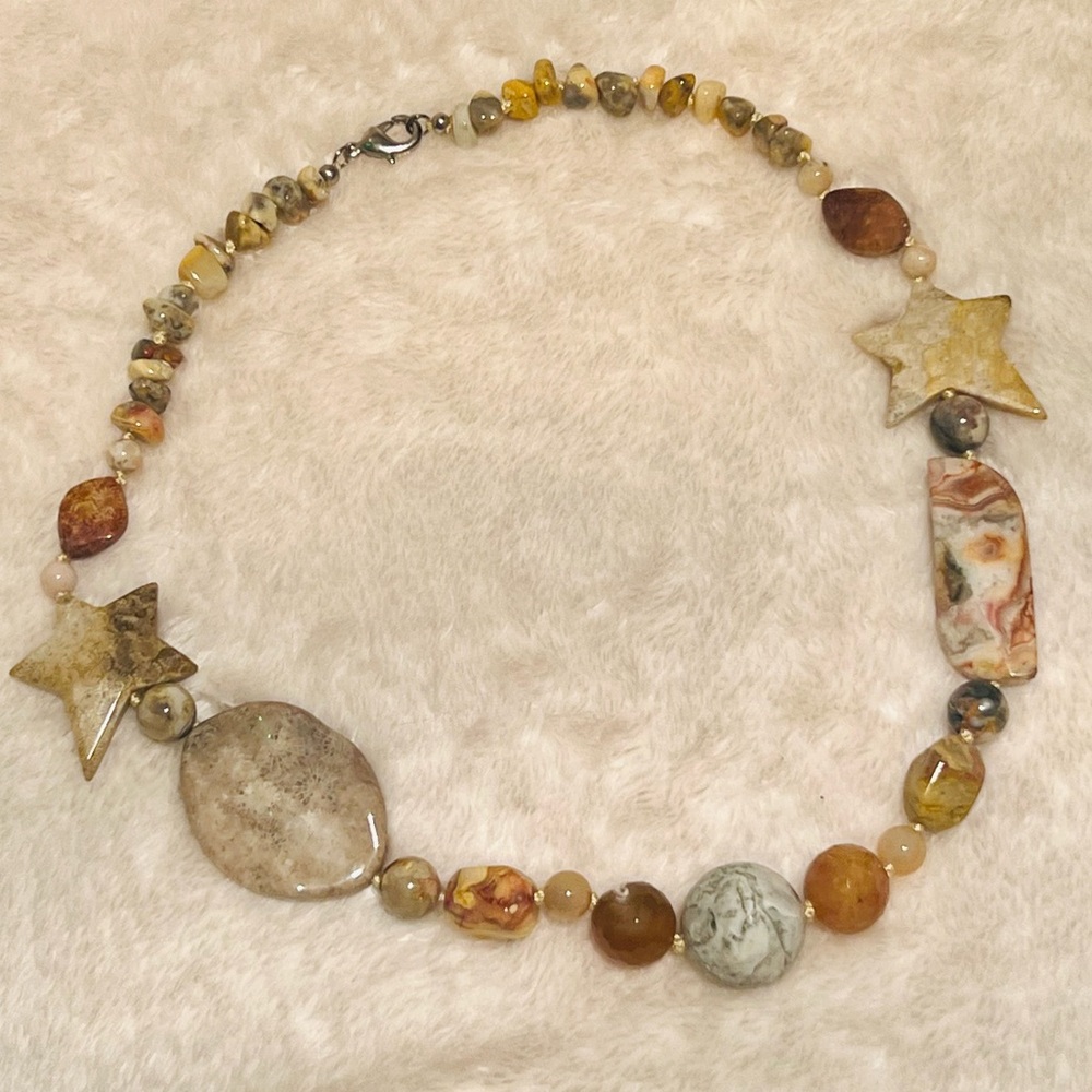 NWOT 🤎 VINTAGE 20” CHUNKY GENUINE JASPER STONE STARS & BEADS PENDANT NECKLACE